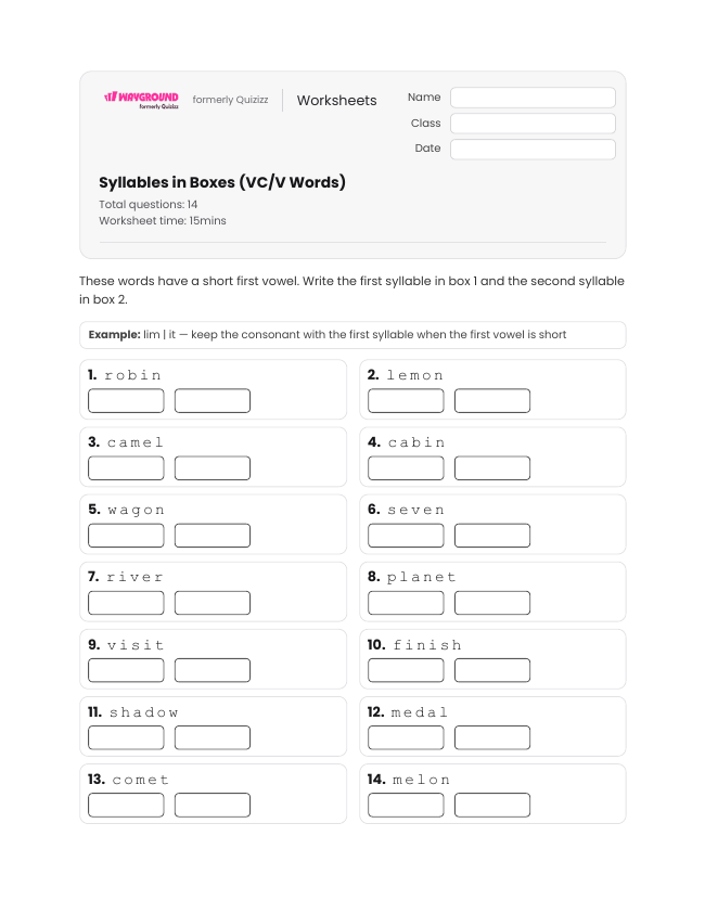 Syllables in Boxes (VC/V Words) - Dapat dicetak Kata-kata-dengan-banyak-suku-kata Lembar-kerja Kelas 2 - Wayground