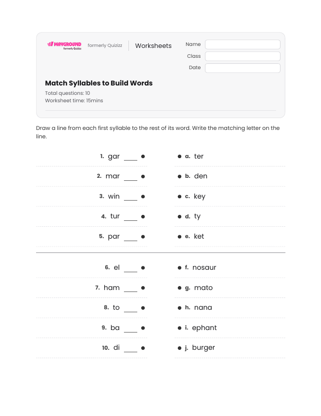 Match Syllables to Build Words - Dapat dicetak Kata-kata-dengan-banyak-suku-kata Lembar-kerja Kelas 2 - Wayground