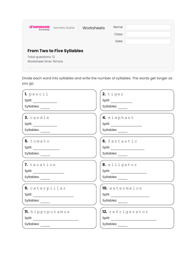 From Two to Five Syllables - Dapat dicetak Kata-kata-dengan-banyak-suku-kata Lembar-kerja Kelas 3 - Wayground