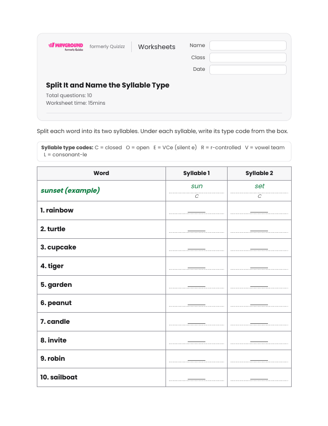 Split It and Name the Syllable Type - Dapat dicetak Kata-kata-dengan-banyak-suku-kata Lembar-kerja Kelas 3 - Wayground