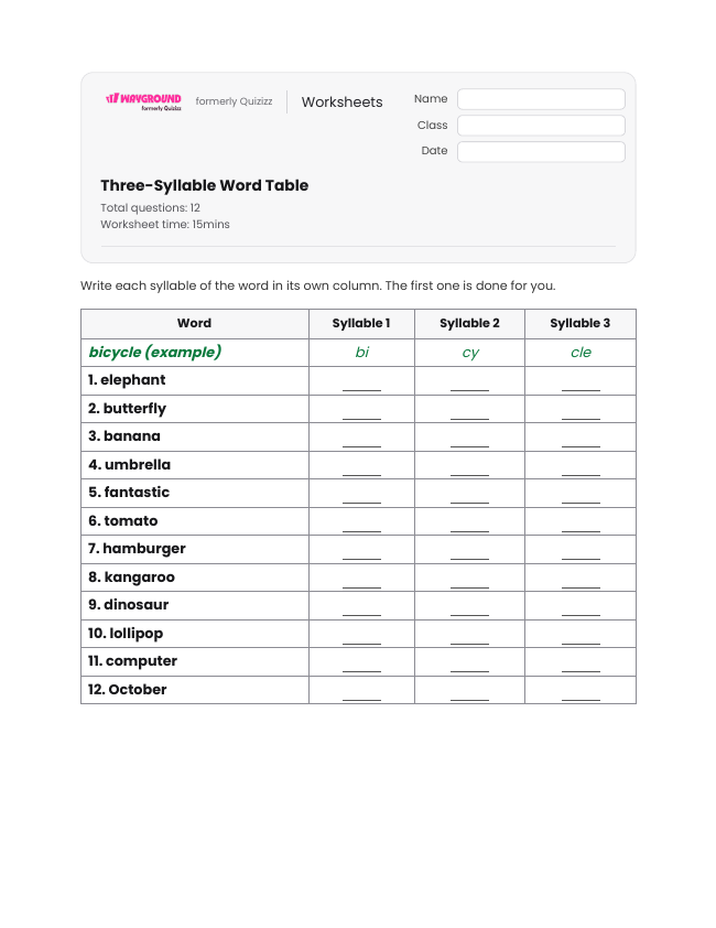Three-Syllable Word Table - Dapat dicetak Kata-kata-dengan-banyak-suku-kata Lembar-kerja Kelas 3 - Wayground
