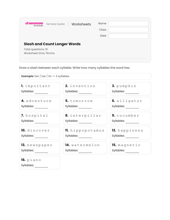 Slash and Count Longer Words - Dapat dicetak Kata-kata-dengan-banyak-suku-kata Lembar-kerja Kelas 3 - Wayground