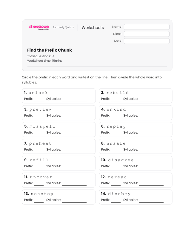 Find the Prefix Chunk - Dapat dicetak Kata-kata-dengan-banyak-suku-kata Lembar-kerja Kelas 3 - Wayground