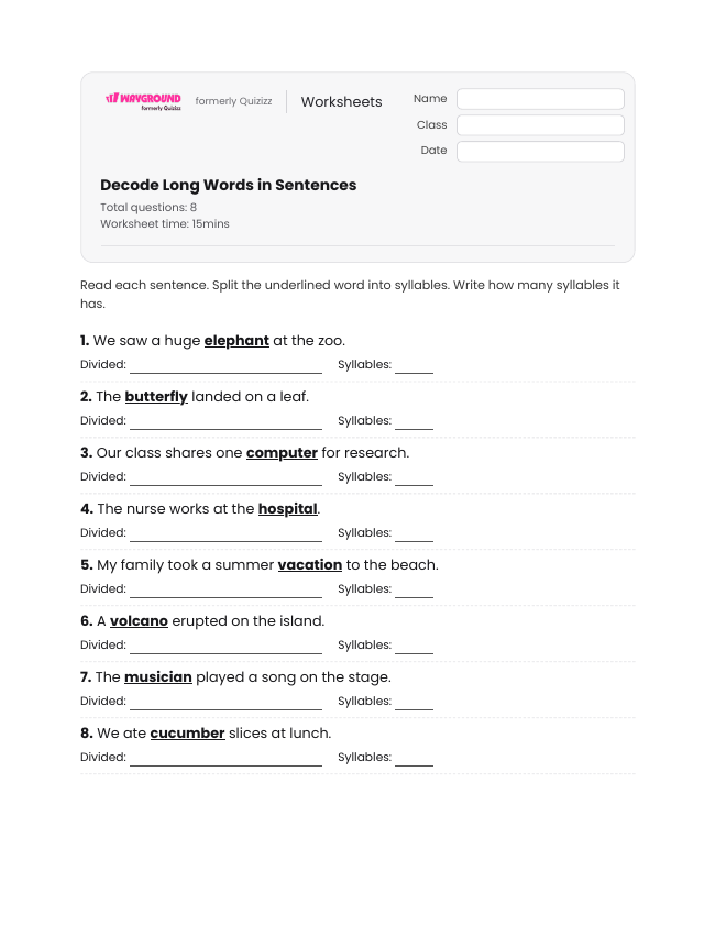 Decode Long Words in Sentences - Dapat dicetak Kata-kata-dengan-banyak-suku-kata Lembar-kerja Kelas 3 - Wayground