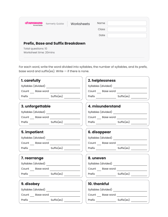 Prefix, Base and Suffix Breakdown - Dapat dicetak Kata-kata-dengan-banyak-suku-kata Lembar-kerja Kelas 5 - Wayground