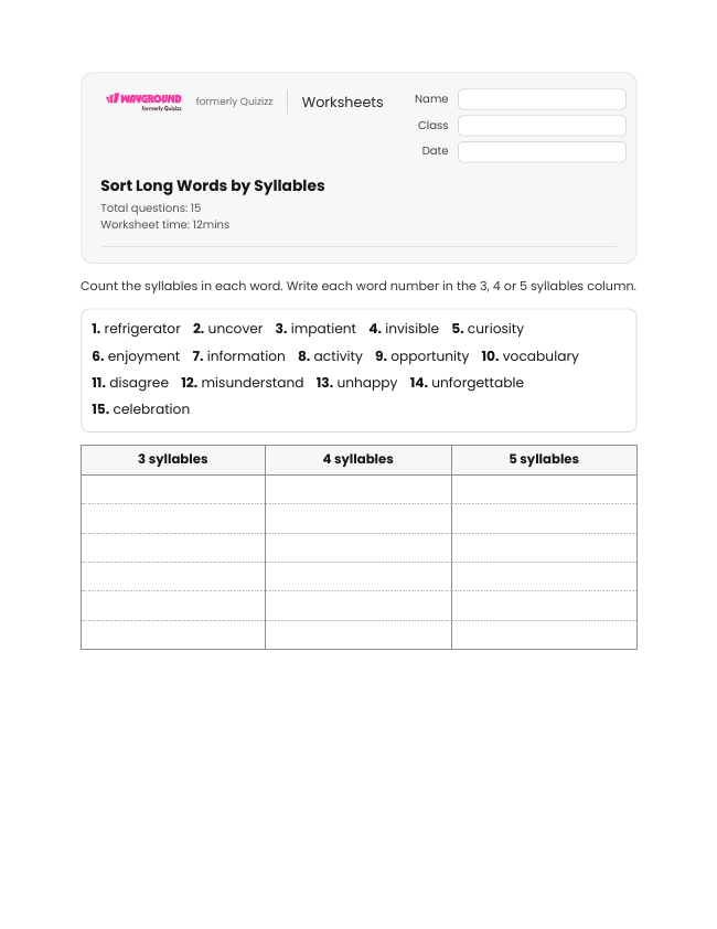 Sort Long Words by Syllables - Dapat dicetak Kata-kata-dengan-banyak-suku-kata Lembar-kerja Kelas 5 - Wayground