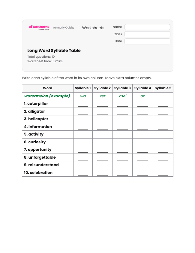 Long Word Syllable Table - Dapat dicetak Kata-kata-dengan-banyak-suku-kata Lembar-kerja Kelas 5 - Wayground