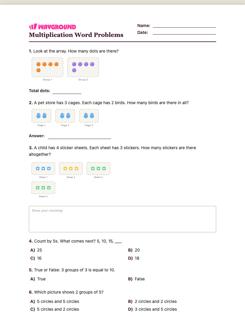 Multiplication Word Problems Worksheet - Nadający się do druku Soal-cerita-perkalian Lembar-kerja Taman-kanak-kanak - Wayground