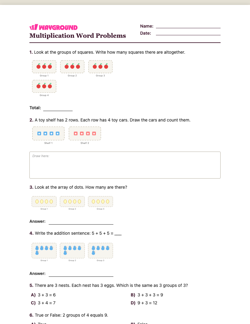 Multiplication Word Problems Worksheet - Nadający się do druku Soal-cerita-perkalian Lembar-kerja Taman-kanak-kanak - Wayground