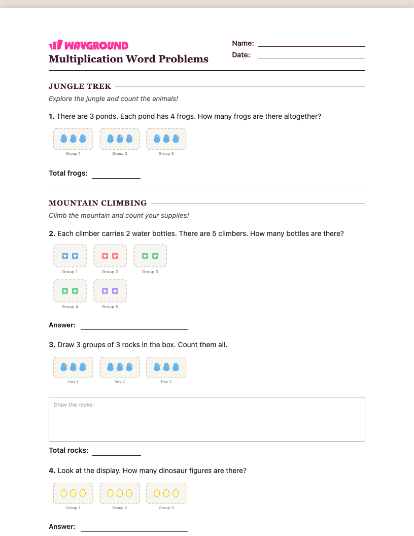 Multiplication Word Problems Worksheet - Nadający się do druku Soal-cerita-perkalian Lembar-kerja Taman-kanak-kanak - Wayground