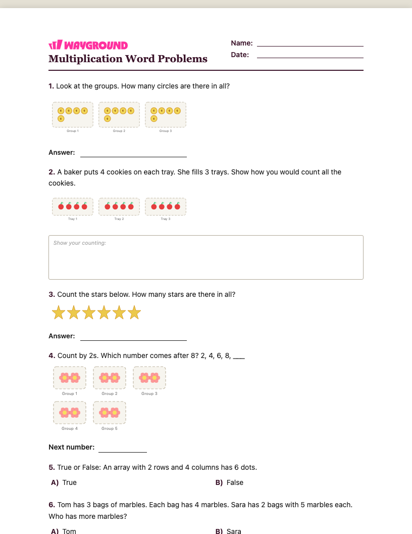 Multiplication Word Problems Worksheet - Nadający się do druku Soal-cerita-perkalian Lembar-kerja Taman-kanak-kanak - Wayground
