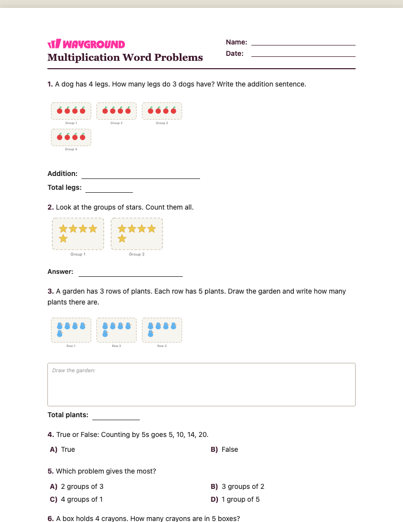 Multiplication Word Problems Worksheet - Nadający się do druku Soal-cerita-perkalian Lembar-kerja Taman-kanak-kanak - Wayground