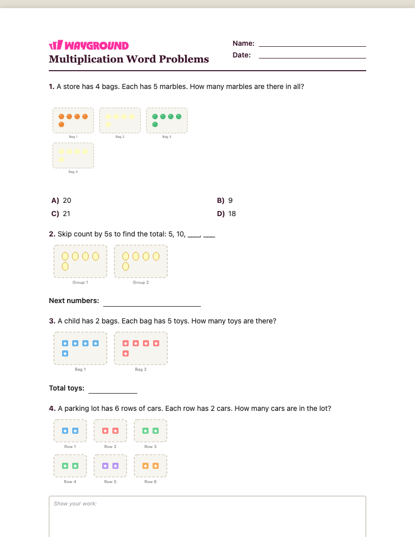 Multiplication Word Problems Worksheet - Có thể in Bài-toán-nhân Phiếu-bài-tập Lớp 1 - Quizizz