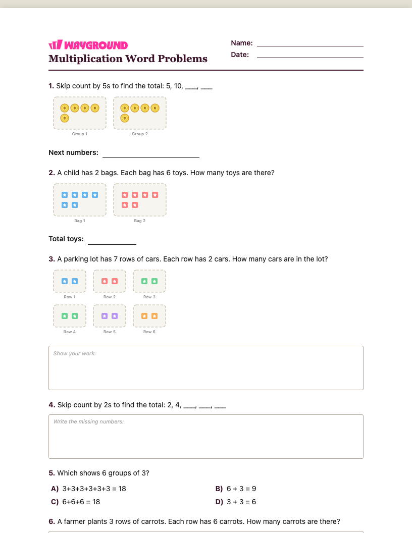 Multiplication Word Problems Worksheet - Có thể in Bài-toán-nhân Phiếu-bài-tập Lớp 1 - Quizizz