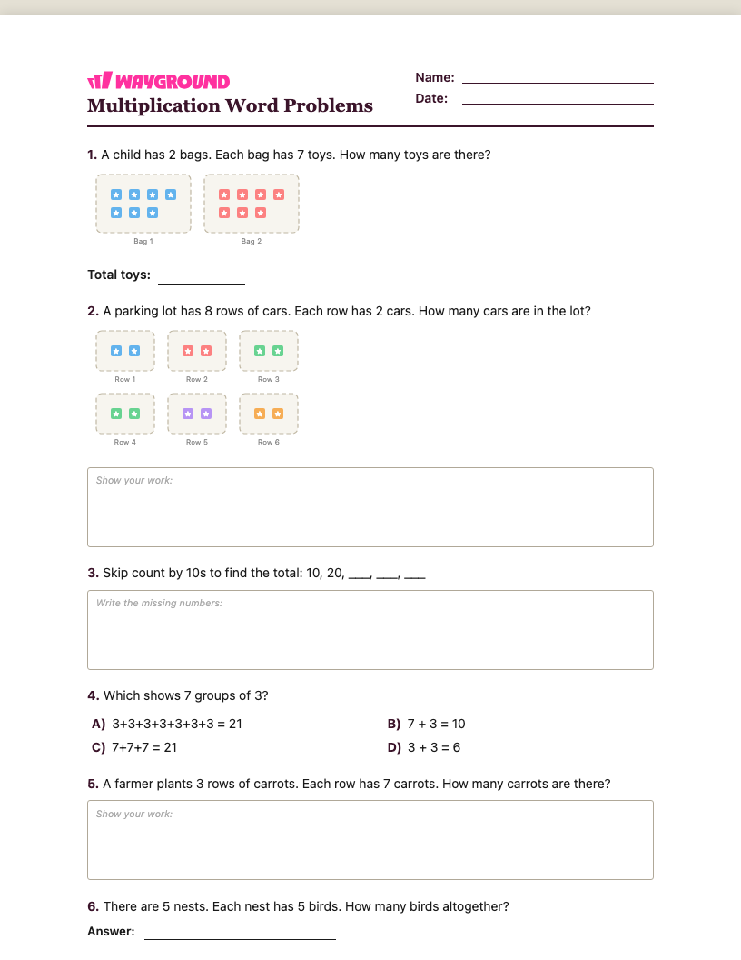 Multiplication Word Problems Worksheet - Có thể in Bài-toán-nhân Phiếu-bài-tập Lớp 1 - Quizizz