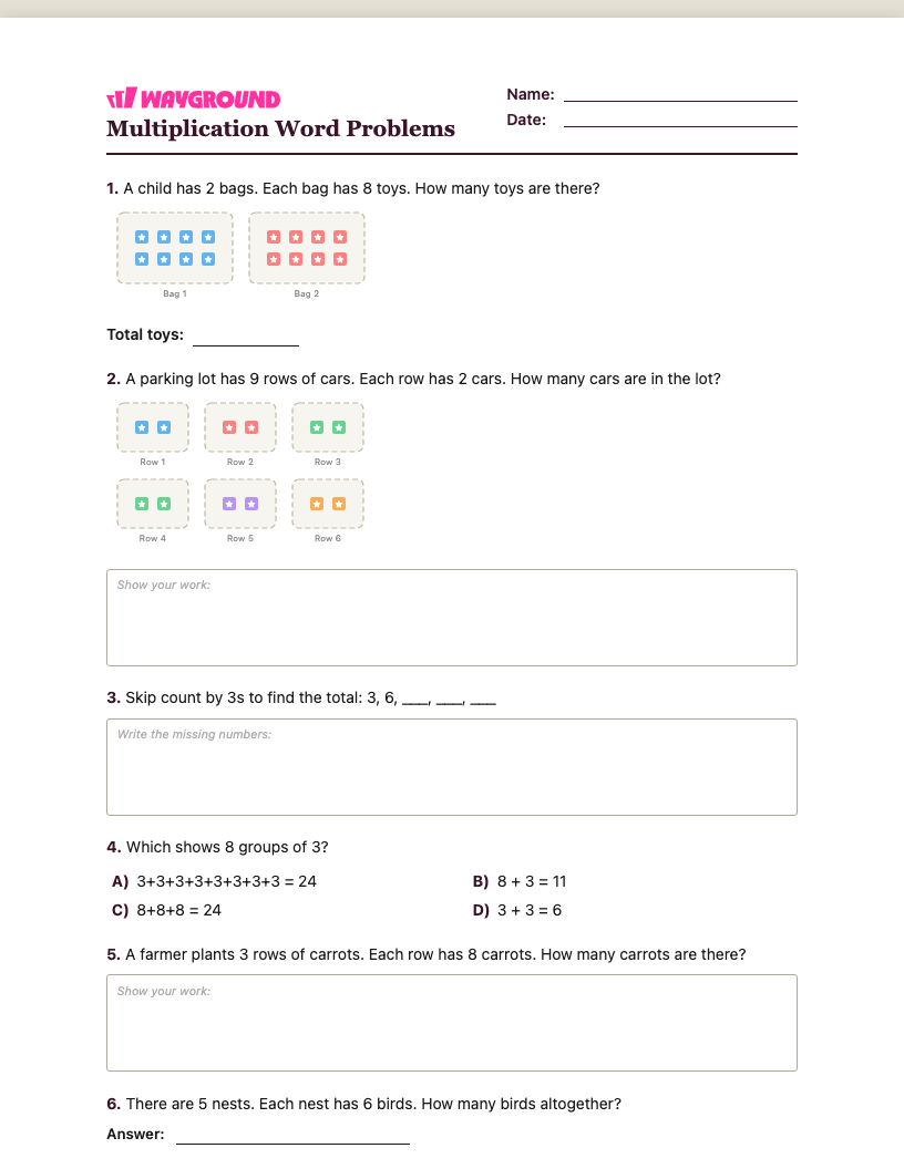 Multiplication Word Problems Worksheet - Có thể in Bài-toán-nhân Phiếu-bài-tập Lớp 1 - Quizizz