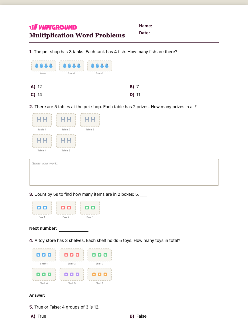 Multiplication Word Problems Worksheet - Có thể in Bài-toán-nhân Phiếu-bài-tập Lớp 1 - Quizizz