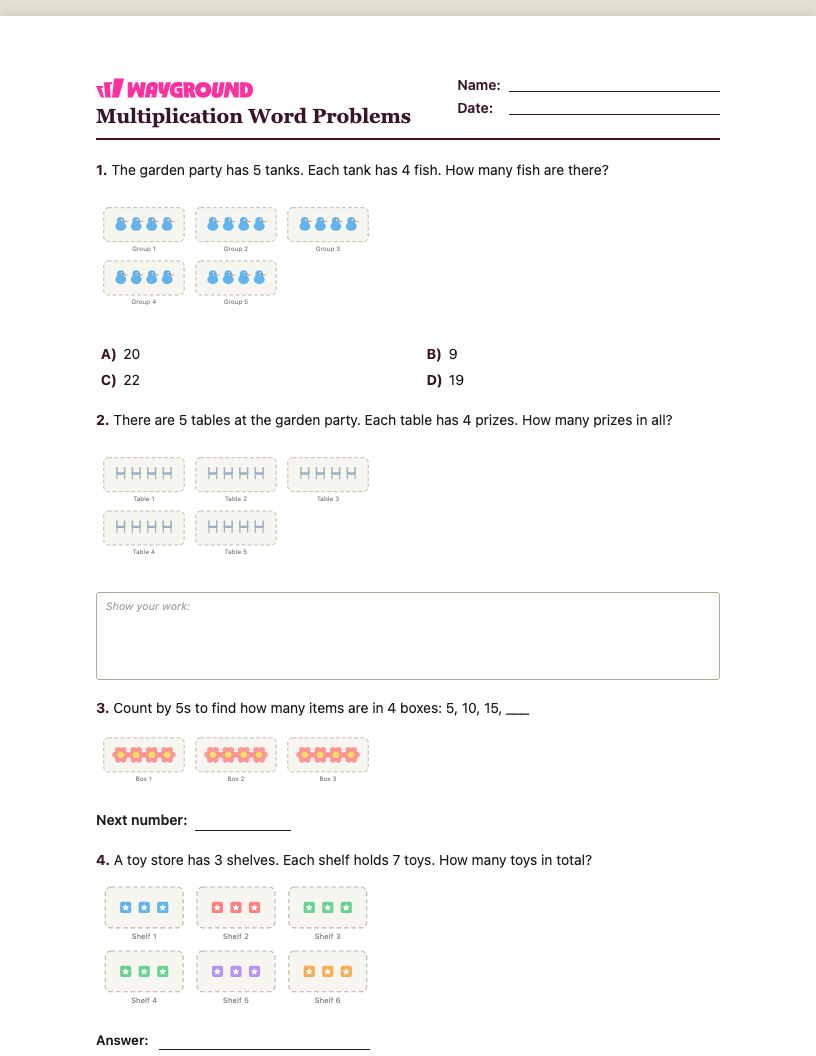Multiplication Word Problems Worksheet - Có thể in Bài-toán-nhân Phiếu-bài-tập Lớp 1 - Quizizz