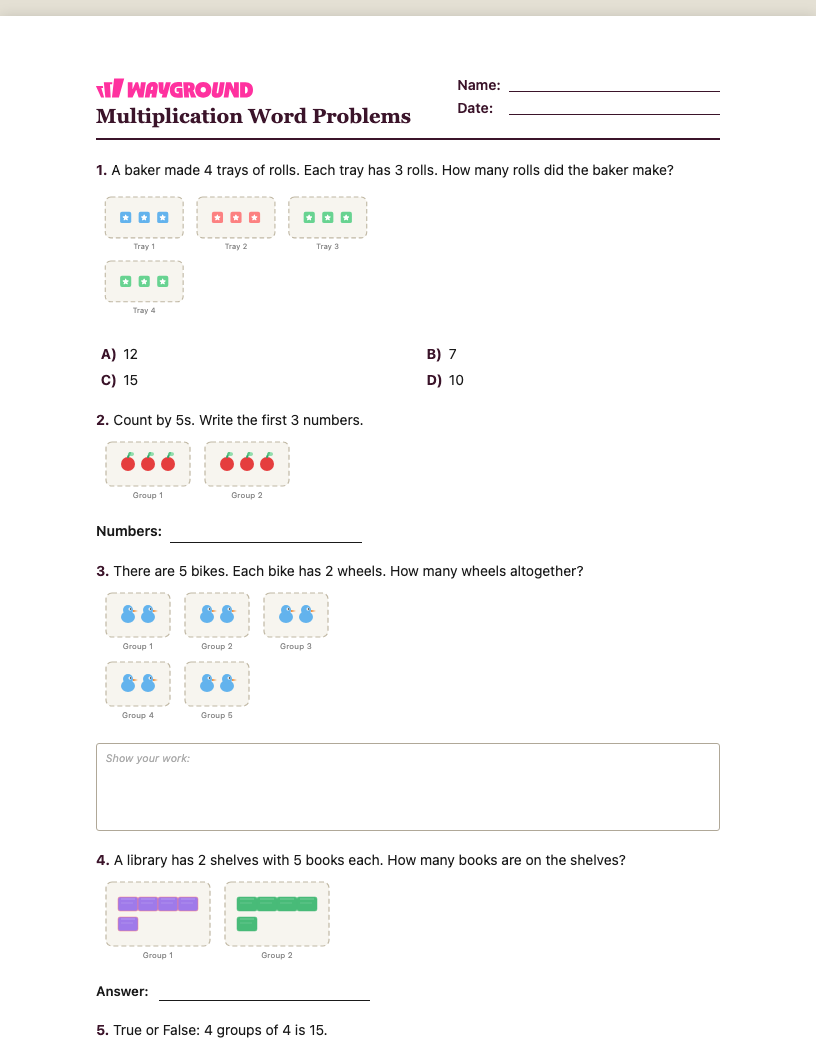 Multiplication Word Problems Worksheet - Có thể in Bài-toán-nhân Phiếu-bài-tập Lớp 1 - Quizizz