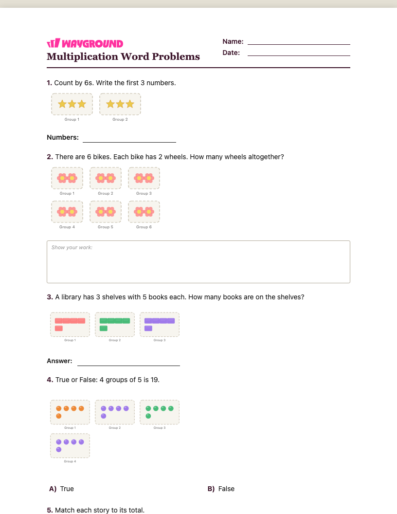 Multiplication Word Problems Worksheet - Có thể in Bài-toán-nhân Phiếu-bài-tập Lớp 1 - Quizizz