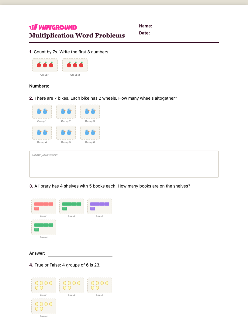 Multiplication Word Problems Worksheet - Có thể in Bài-toán-nhân Phiếu-bài-tập Lớp 1 - Quizizz