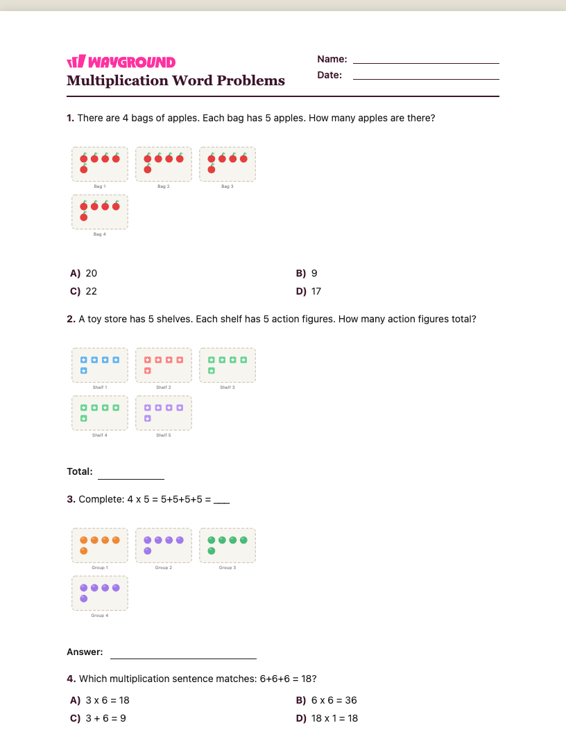 Multiplication Word Problems Worksheet - พิมพ์ได้ โจทย์ปัญหาการคูณ เวิร์กชีท ระดับ 2 - Wayground