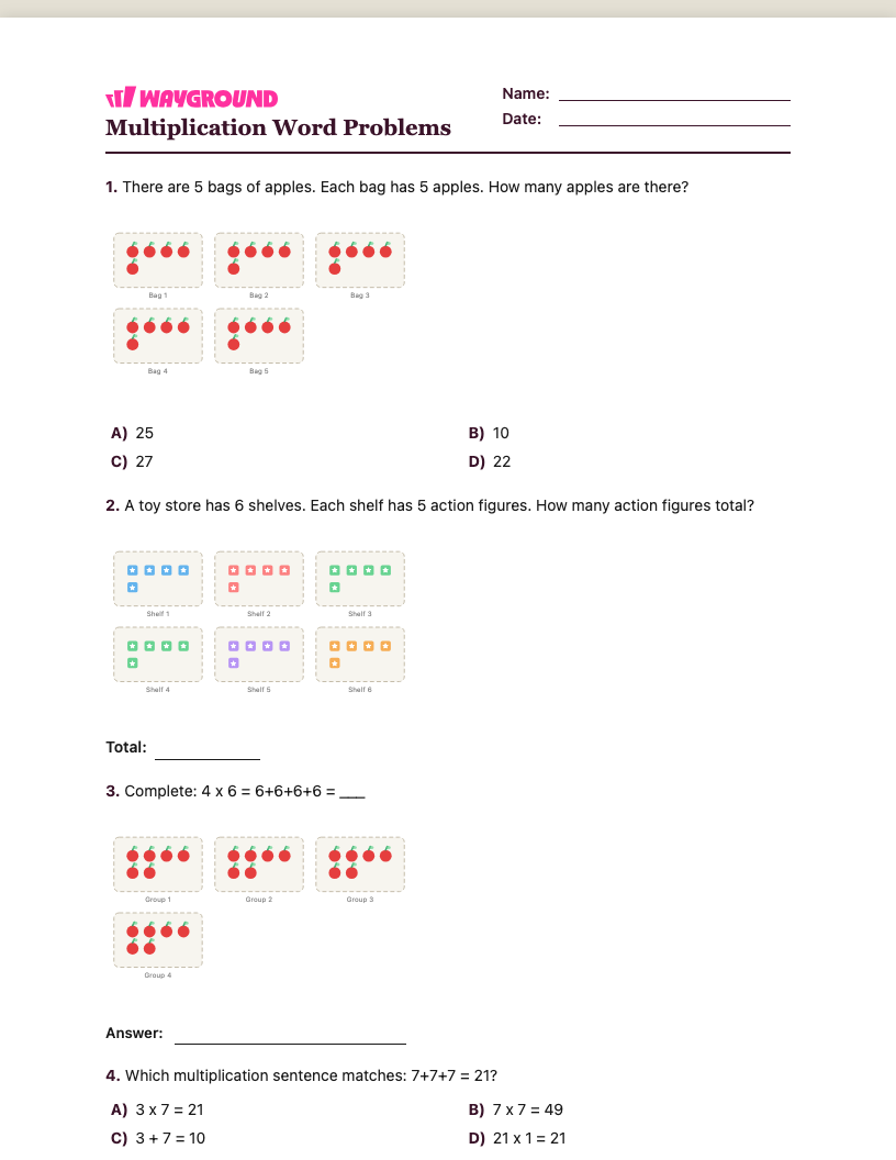 Multiplication Word Problems Worksheet - พิมพ์ได้ โจทย์ปัญหาการคูณ เวิร์กชีท ระดับ 2 - Wayground