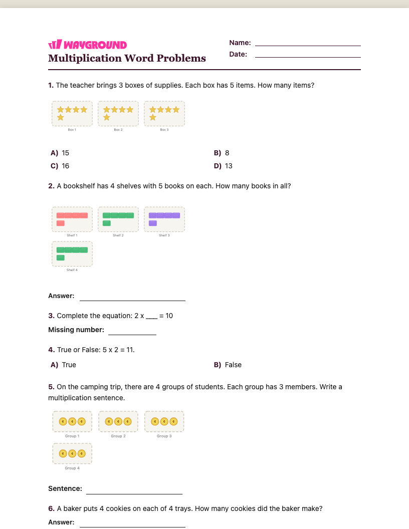 Multiplication Word Problems Worksheet - พิมพ์ได้ โจทย์ปัญหาการคูณ เวิร์กชีท ระดับ 2 - Wayground