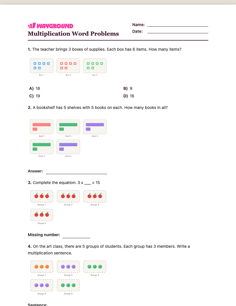 Multiplication Word Problems Worksheet - พิมพ์ได้ โจทย์ปัญหาการคูณ เวิร์กชีท ระดับ 2 - Wayground