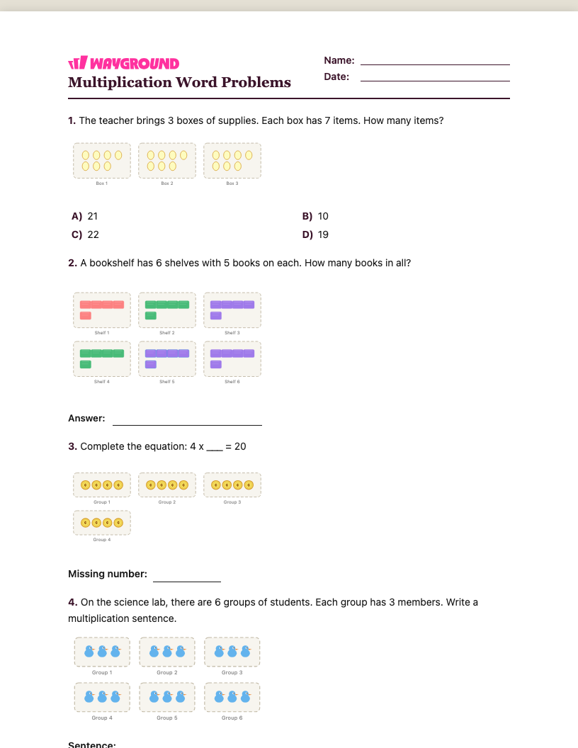 Multiplication Word Problems Worksheet - พิมพ์ได้ โจทย์ปัญหาการคูณ เวิร์กชีท ระดับ 2 - Wayground