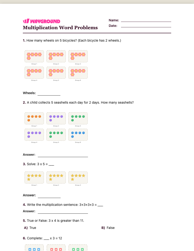 Multiplication Word Problems Worksheet - พิมพ์ได้ โจทย์ปัญหาการคูณ เวิร์กชีท ระดับ 2 - Wayground