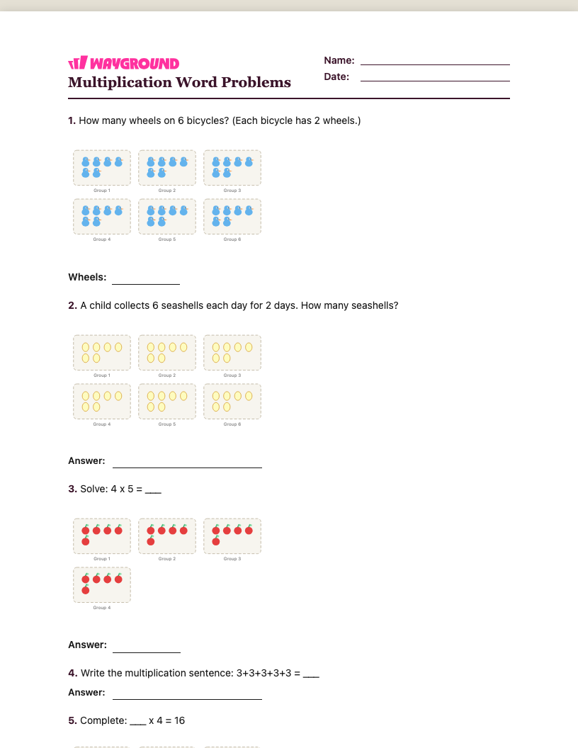 Multiplication Word Problems Worksheet - พิมพ์ได้ โจทย์ปัญหาการคูณ เวิร์กชีท ระดับ 2 - Wayground