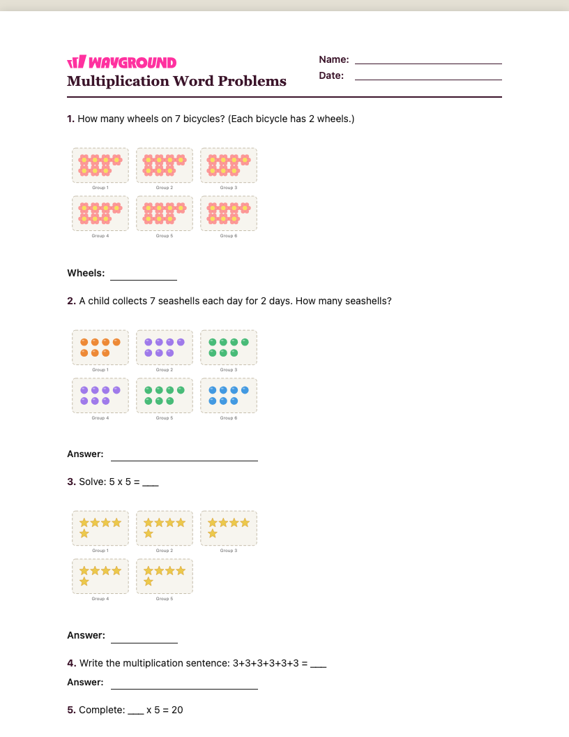Multiplication Word Problems Worksheet - พิมพ์ได้ โจทย์ปัญหาการคูณ เวิร์กชีท ระดับ 2 - Wayground