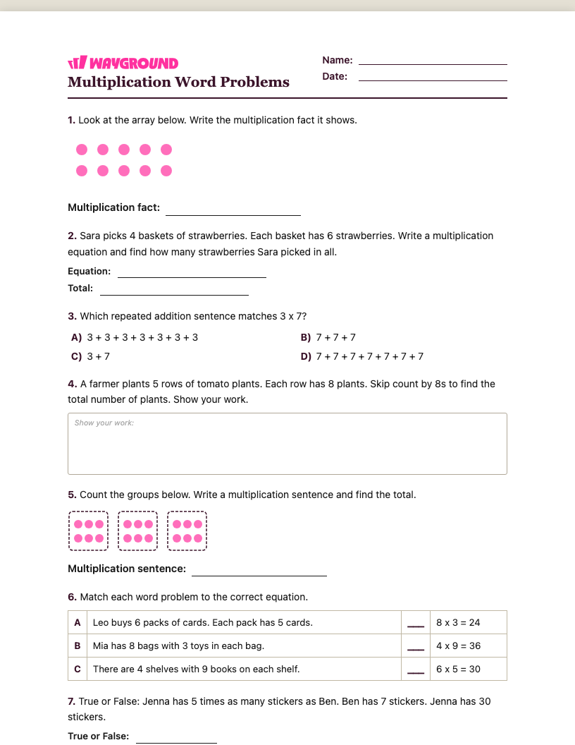 Multiplication Word Problems Worksheet - Imprimível Problemas-de-multiplicação-com-palavras Fichas-de-trabalho - Quizizz