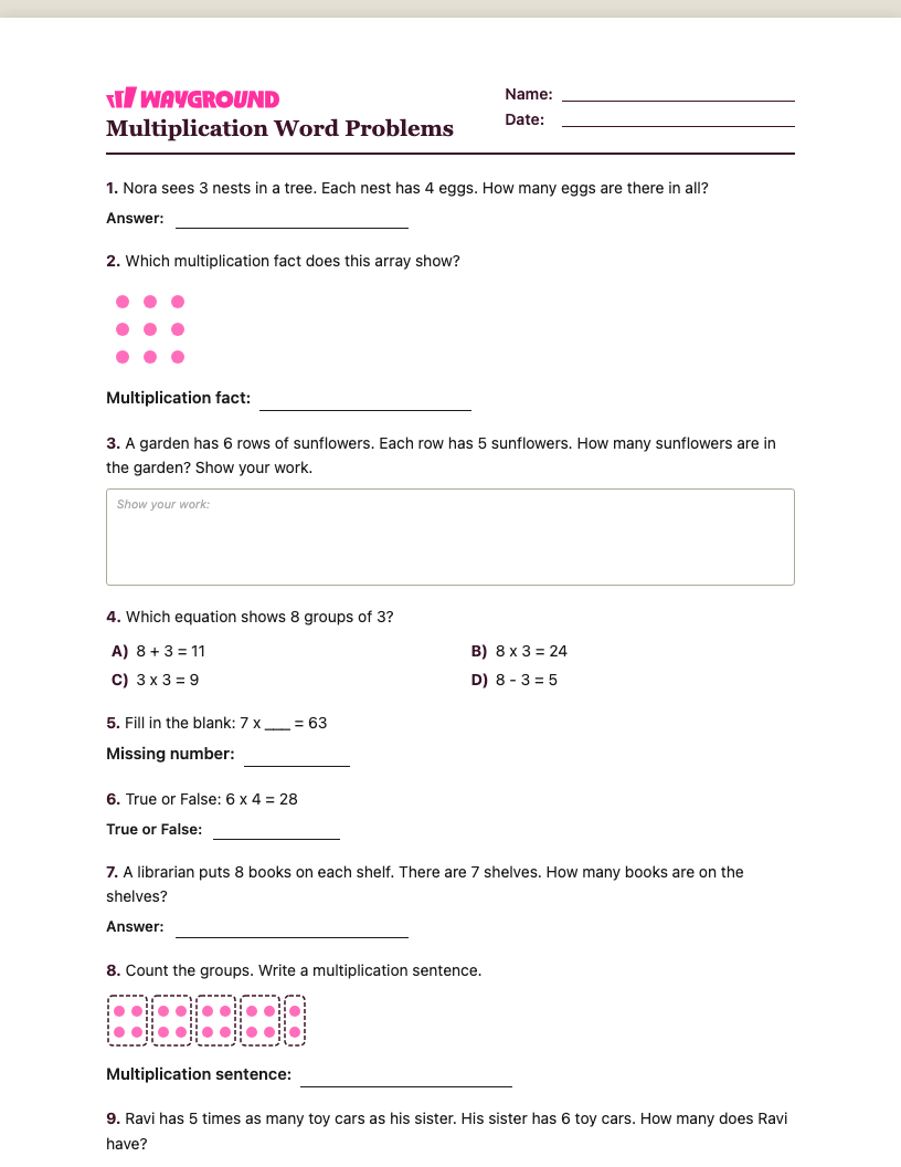 Multiplication Word Problems Worksheet - Có thể in Bài-toán-nhân Phiếu-bài-tập Lớp 3 - Quizizz
