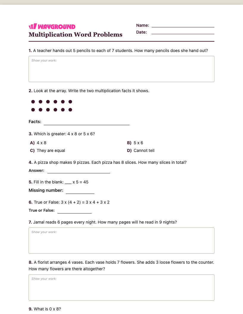 Multiplication Word Problems Worksheet - Có thể in Bài-toán-nhân Phiếu-bài-tập Lớp 3 - Quizizz