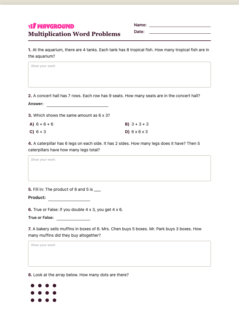 Multiplication Word Problems Worksheet - Có thể in Bài-toán-nhân Phiếu-bài-tập Lớp 3 - Quizizz