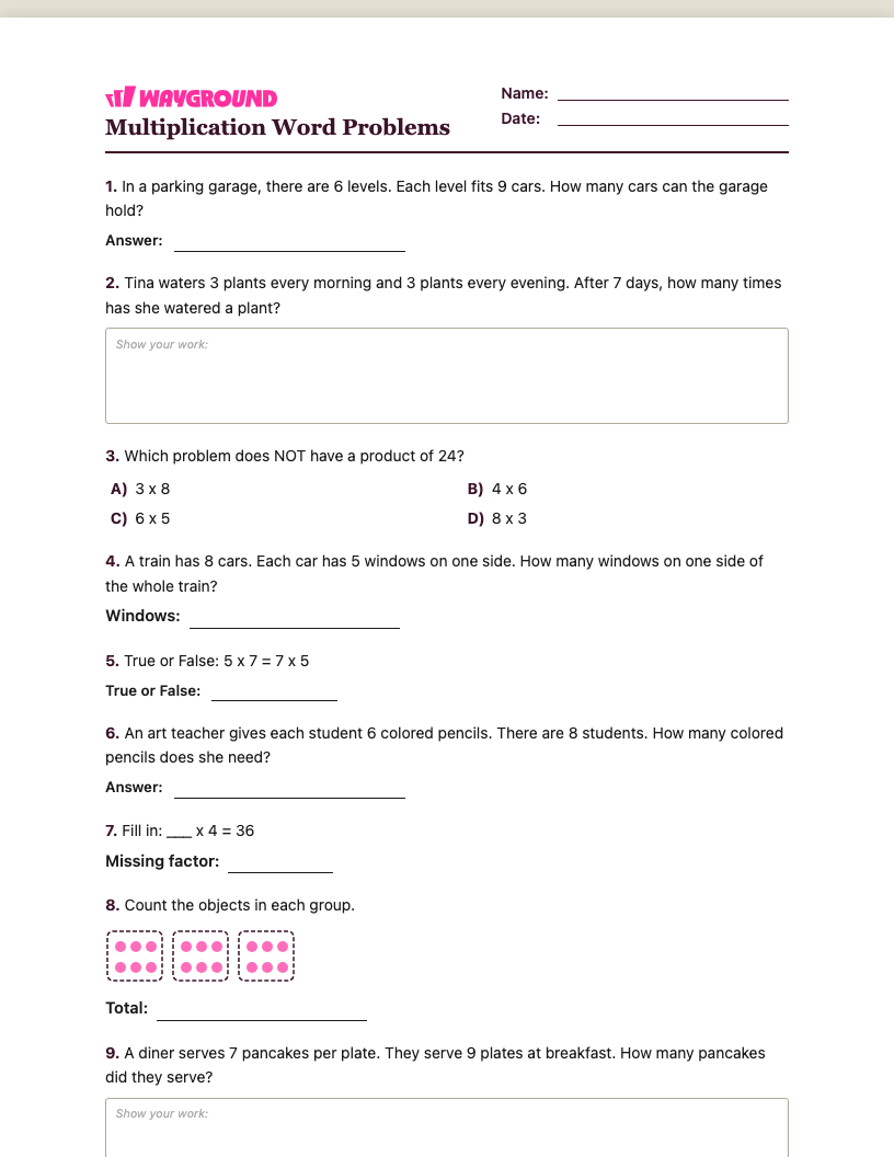 Multiplication Word Problems Worksheet - Có thể in Bài-toán-nhân Phiếu-bài-tập Lớp 3 - Quizizz