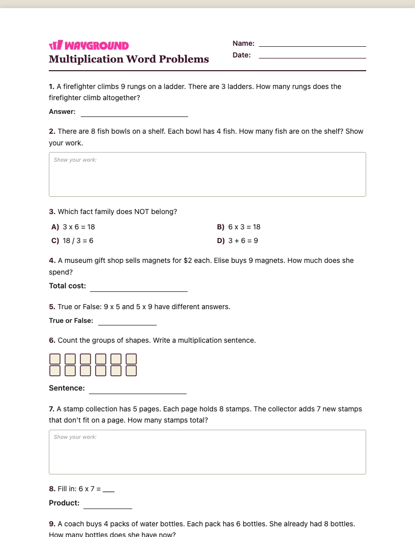Multiplication Word Problems Worksheet - Có thể in Bài-toán-nhân Phiếu-bài-tập Lớp 3 - Quizizz