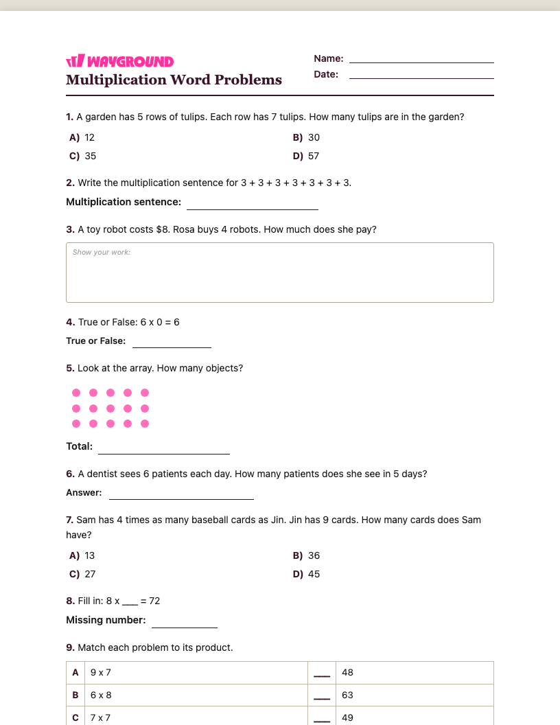 Multiplication Word Problems Worksheet - Có thể in Bài-toán-nhân Phiếu-bài-tập Lớp 3 - Quizizz