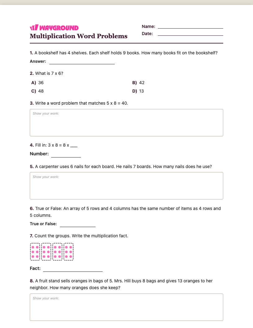 Multiplication Word Problems Worksheet - Có thể in Bài-toán-nhân Phiếu-bài-tập Lớp 3 - Quizizz