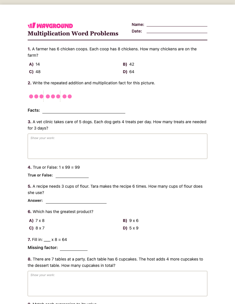 Multiplication Word Problems Worksheet - Có thể in Bài-toán-nhân Phiếu-bài-tập Lớp 3 - Quizizz