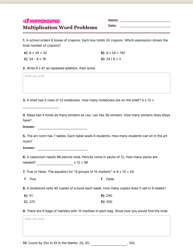 Multiplication Word Problems Worksheet - Imprimível Problemas-de-multiplicação-com-palavras Fichas-de-trabalho - Quizizz