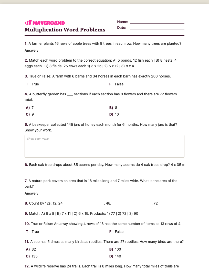 Multiplication Word Problems Worksheet - พิมพ์ได้ โจทย์ปัญหาการคูณ เวิร์กชีท ระดับ 4 - Wayground
