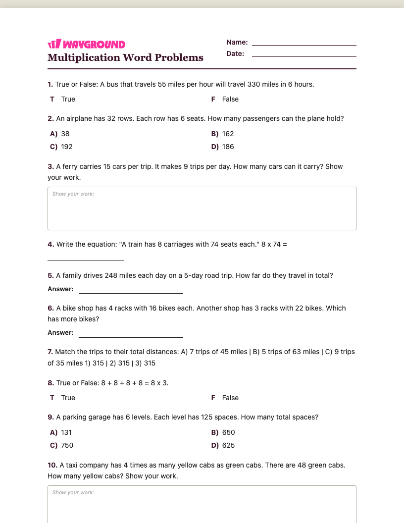 Multiplication Word Problems Worksheet - พิมพ์ได้ โจทย์ปัญหาการคูณ เวิร์กชีท ระดับ 4 - Wayground