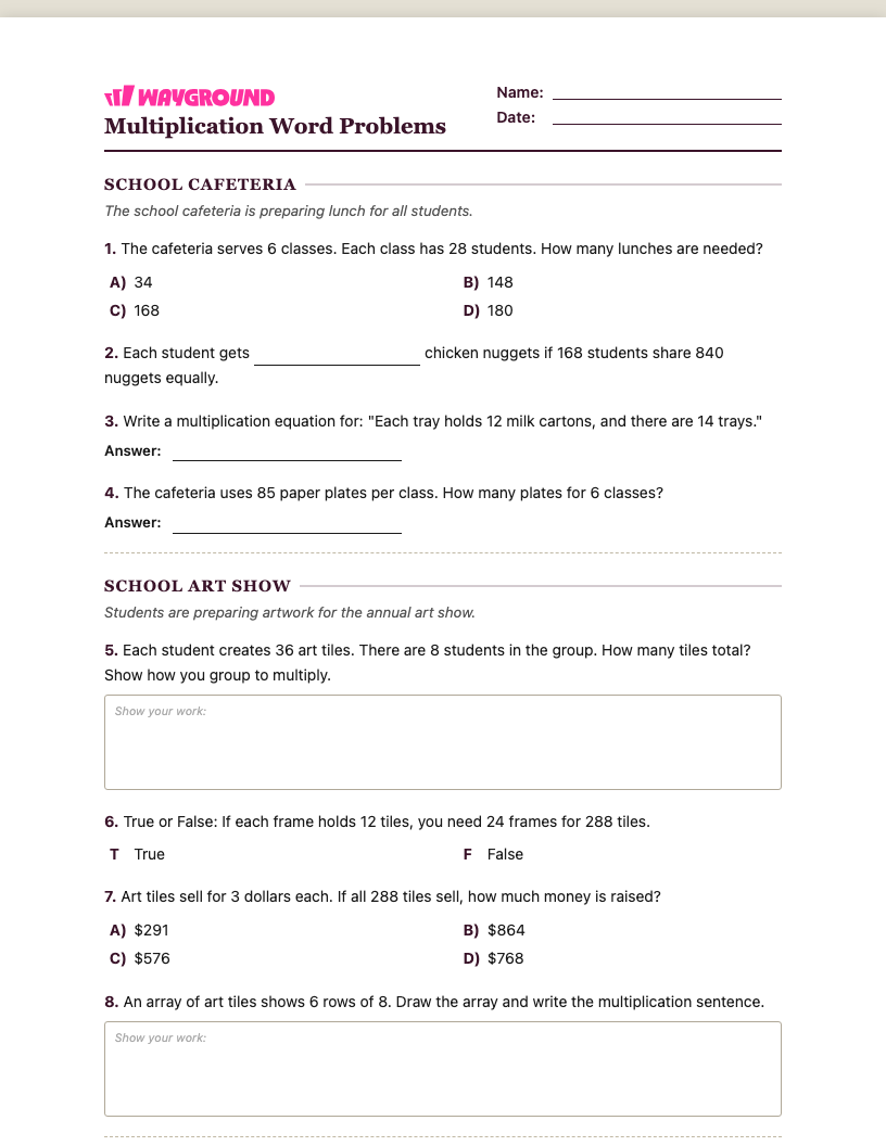 Multiplication Word Problems Worksheet - พิมพ์ได้ โจทย์ปัญหาการคูณ เวิร์กชีท ระดับ 4 - Wayground