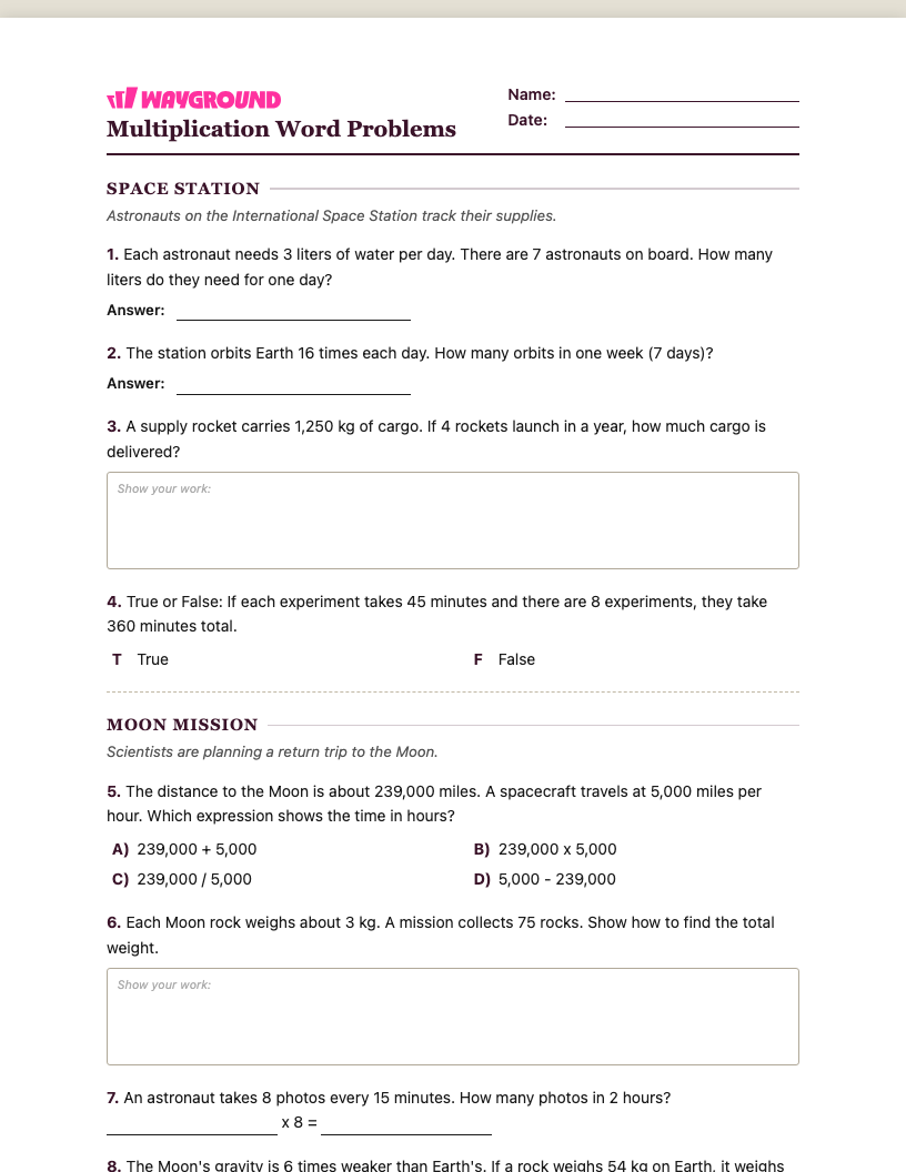 Multiplication Word Problems Worksheet - พิมพ์ได้ โจทย์ปัญหาการคูณ เวิร์กชีท ระดับ 4 - Wayground