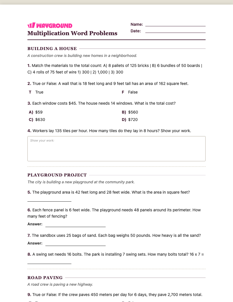 Multiplication Word Problems Worksheet - พิมพ์ได้ โจทย์ปัญหาการคูณ เวิร์กชีท ระดับ 4 - Wayground