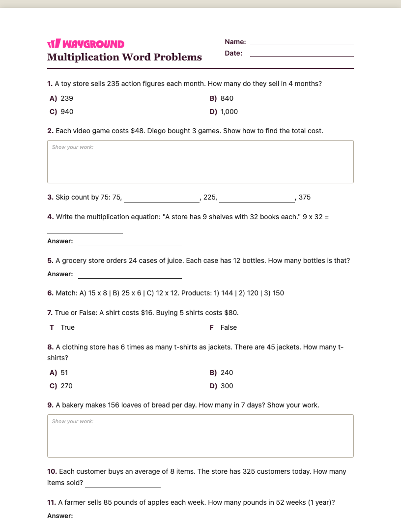 Multiplication Word Problems Worksheet - พิมพ์ได้ โจทย์ปัญหาการคูณ เวิร์กชีท ระดับ 4 - Wayground