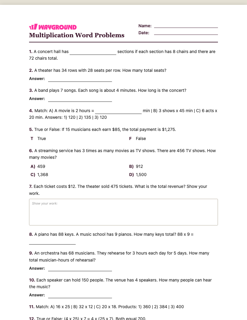 Multiplication Word Problems Worksheet - พิมพ์ได้ โจทย์ปัญหาการคูณ เวิร์กชีท ระดับ 4 - Wayground